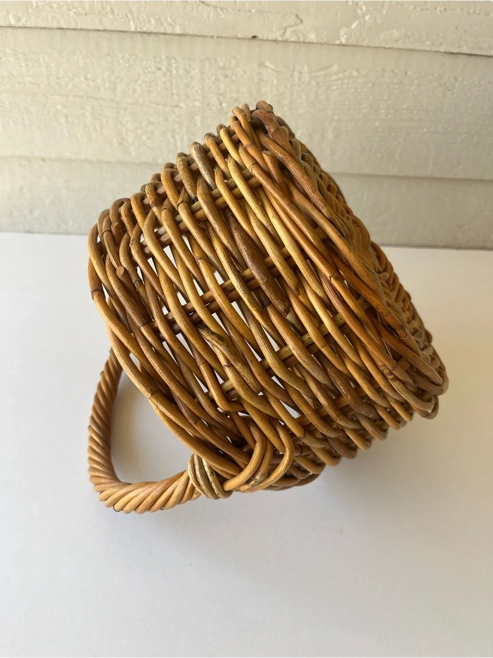 Honey-Color Wicker/Rattan Rustic Twisted Handled Basket Medium Size